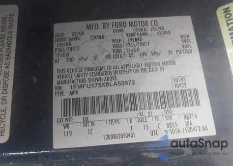 2008 Ford Expedition Eddie Bauer/King Ranch из США, поврежденный, VIN 1FMFU175X8LA55972